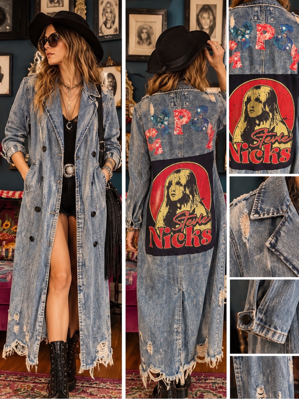 Custom Stevie Nicks Vintage Tee Patch Denim Duster Coat OOAK